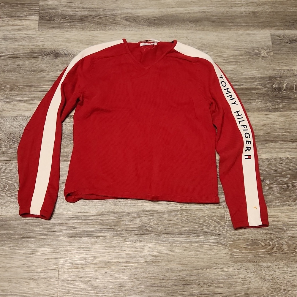 Tommy Hilfiger red vee neck logo sweater sz M